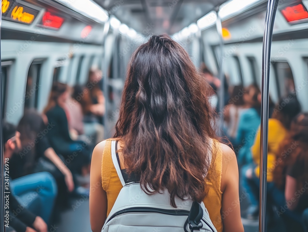 © SCTProjects - Woman with backpack standing on a crowded subway train during commute.