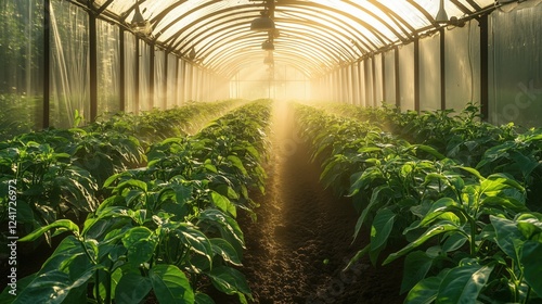 Automated irrigation system watering rows of small green plants growing inside a greenhouse illuminated by golden sunlight creating a magical atmosphere