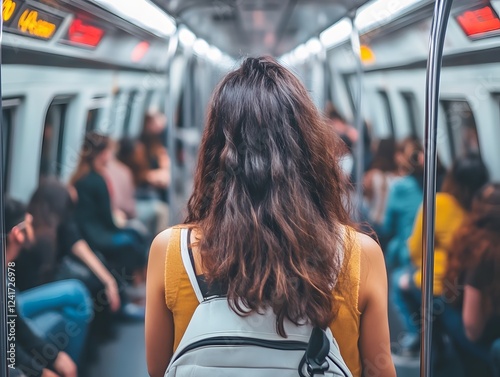 Woman with backpack standing on a crowded subway train during commute.