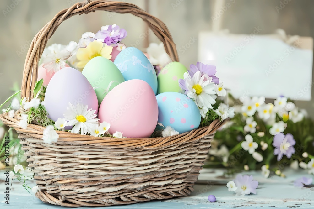 Colorful Easter eggs arranged in a wicker basket surrounded by flowers on a rustic table setting Colorful Easter eggs arranged in a wicker basket surrounded by flowers on a rustic table setting
