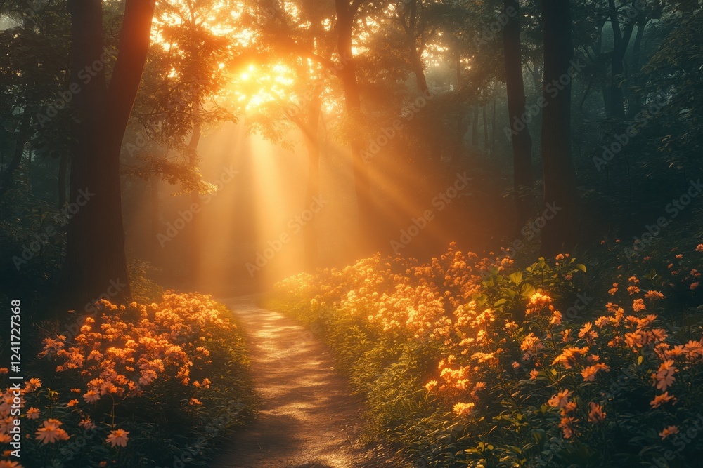 Golden sunbeams illuminating a magical forest path at sunrise, surrounded by vibrant orange flowers blooming along the trail, creating a serene and enchanting atmosphere Golden sunbeams illuminating a magical forest path at sunrise, surrounded by vibrant orange flowers blooming along the trail, creating a serene and enchanting atmosphere