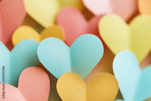 A close-up shot of a cluster of paper hearts with intricate details and textures
