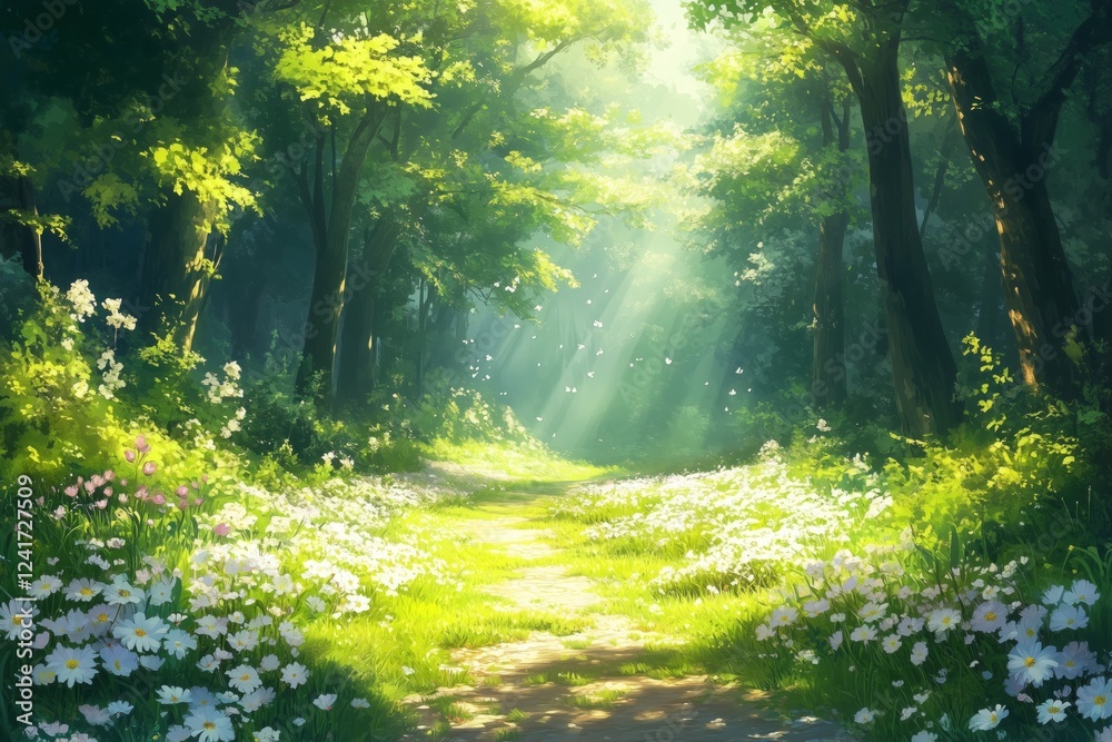 Fototapeta premium Sunbeams are illuminating blooming flowers and lush green grass growing along a tranquil forest path, creating a serene and magical atmosphere