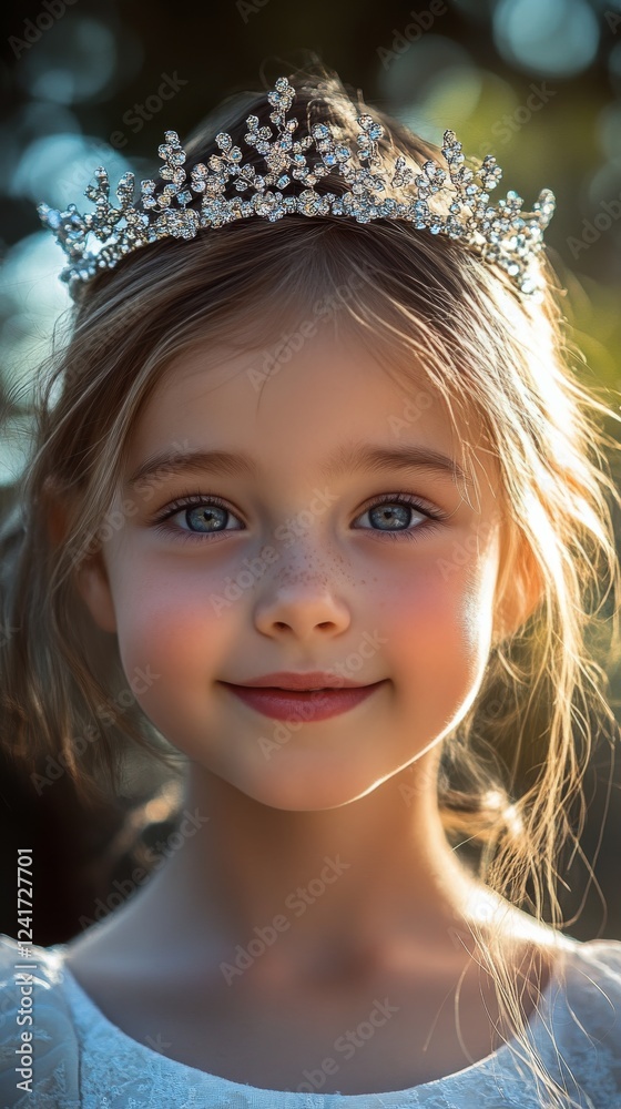 Fototapeta premium Little girl wearing a tiara smiles gently against a dark background during a portrait session