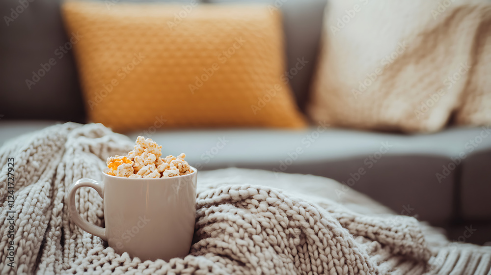 A white mug with popcorn in it sits on a blanket on a couch A white mug with popcorn in it sits on a blanket on a couch