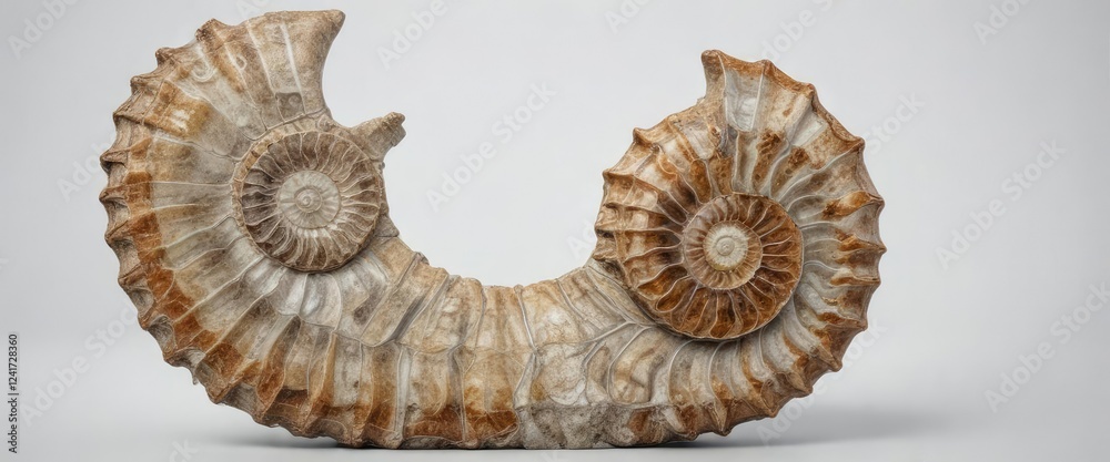 Fossilized ammonite shell on a white background, marine fossil, cephalopod shell, ammonoid shell Fossilized ammonite shell on a white background, marine fossil, cephalopod shell, ammonoid shell