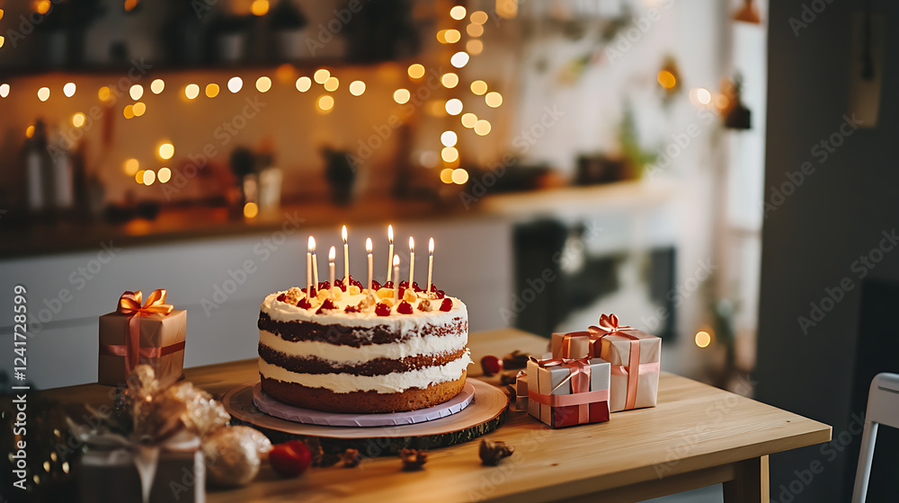 A birthday cake with candles on it sits on a table next to a few presents A birthday cake with candles on it sits on a table next to a few presents