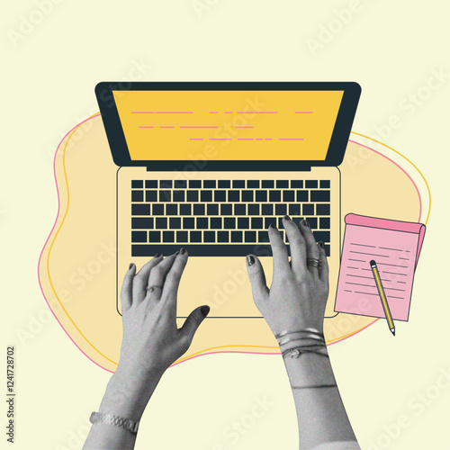 Collage design top view of woman working using computer halftoon retro trendy design 