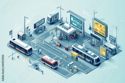 Modern Public Transport Hub - Isometric Illustration of a Smart City Transportation System