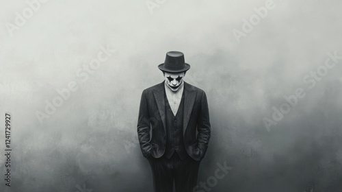 Gloomy clown suit man, foggy background, Halloween