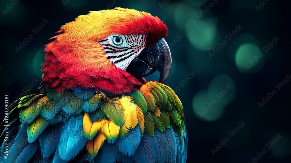 Fototapeta premium A colorful parrot with a blue and green body and yellow and red feathers