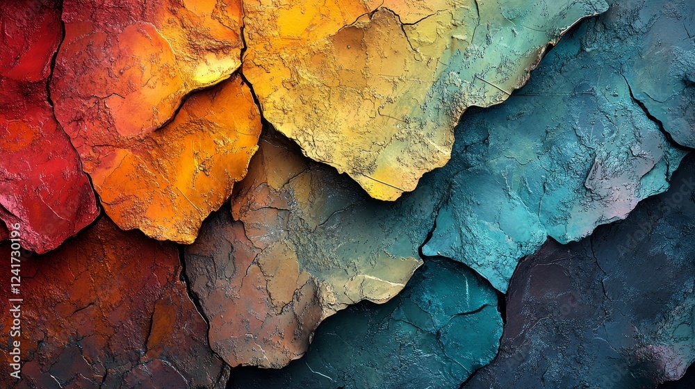 Fototapeta premium A colorful painting of rocks with a blue and yellow rock in the middle