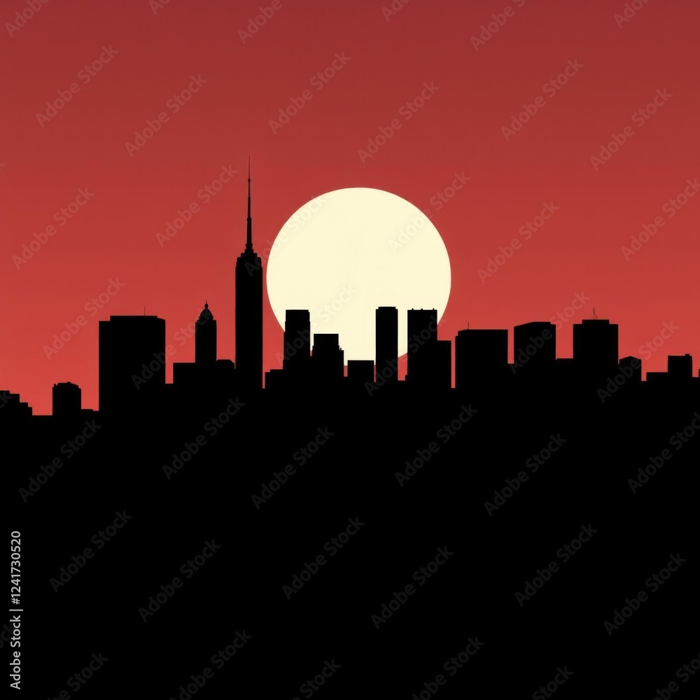 Fototapeta premium A silhouette of a cityscape at sunset with a plane flying overhead silhouetted skyline cityscape architecture illustration building city vector
