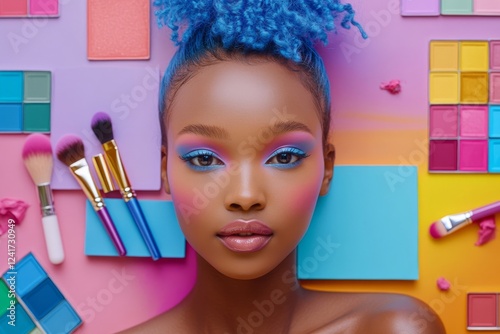 A model with vibrant eye makeup and blue hair poses surrounded by colorful makeup brushes, palettes, and accessories in a bold and artistic composition. photo