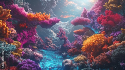 A colorful underwater scene with a blue river running through it