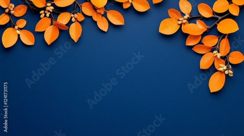Autumnal Branches on Navy: Vibrant orange autumn leaves artfully arranged on a deep navy blue background, creating a stylish and seasonal frame perfect for fall-themed designs or invitations. 