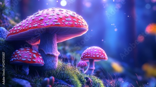 A group of three red mushrooms are on a mossy hillside