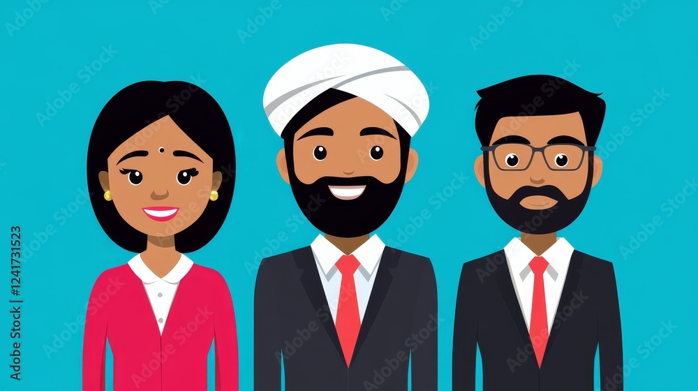 Diverse Business Team Collaboration - Three diverse business professionals, a woman and two men, smiling confidently. Illustrative style. Diverse Business Team Collaboration - Three diverse business professionals, a woman and two men, smiling confidently. Illustrative style.