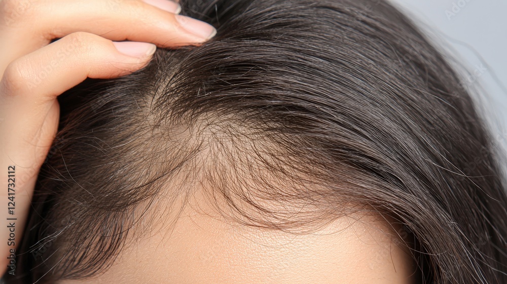 A close-up view of a person's scalp, highlighting hair texture and a hand gently touching the hairline.
