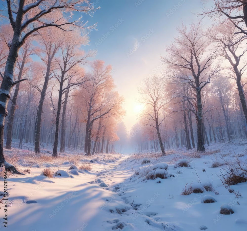 Naklejka premium Frosty forest landscape with snow-covered trees and bare branches, snowy forest floor, frosted trees, bare trees
