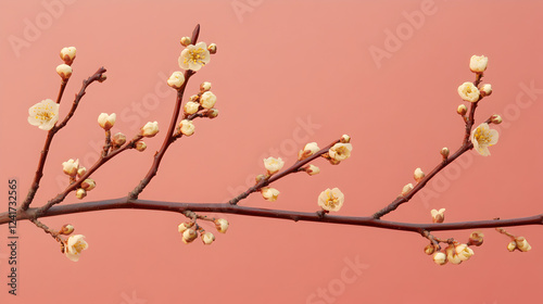 un diseño color naranja pastel con espacio de copia liso con una rama de arbol delgada con flores pequeñas y delicadas rama decorativa natural photo