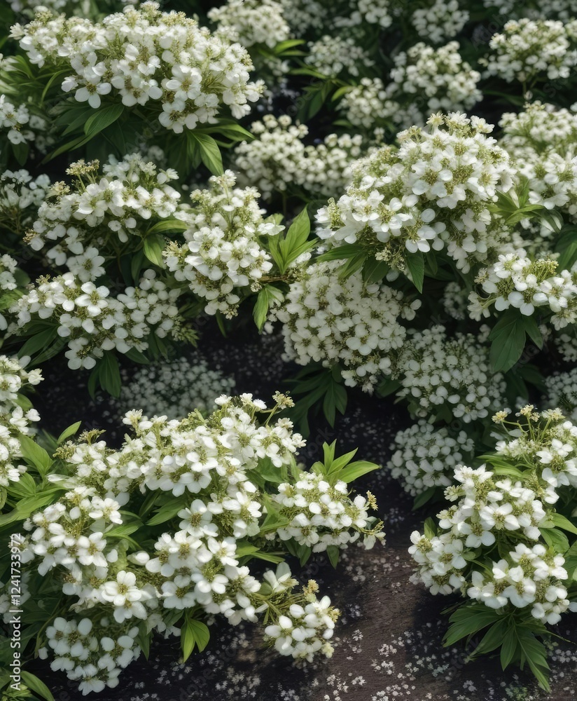 Full frame of European black elderberry with a carpet of white flowers, spring interest, white flowers, european black elderberry Full frame of European black elderberry with a carpet of white flowers, spring interest, white flowers, european black elderberry