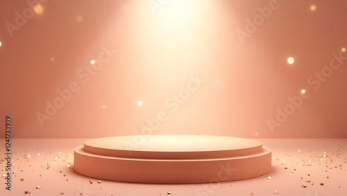 Luxury round pink podium for product presentation with spotlight and bokeh lights