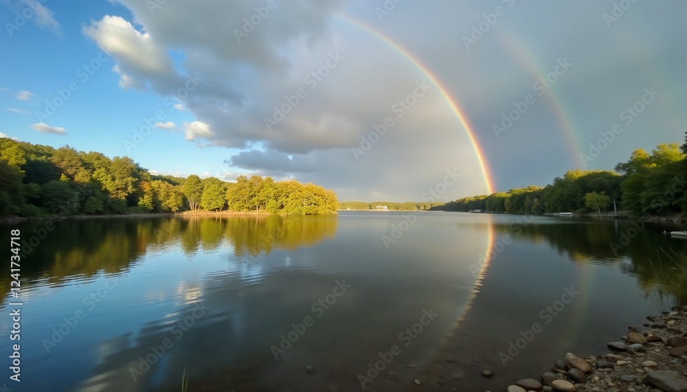 Rainbow Arching Majestically Over Calm River With Copy Space Rainbow Arching Majestically Over Calm River With Copy Space