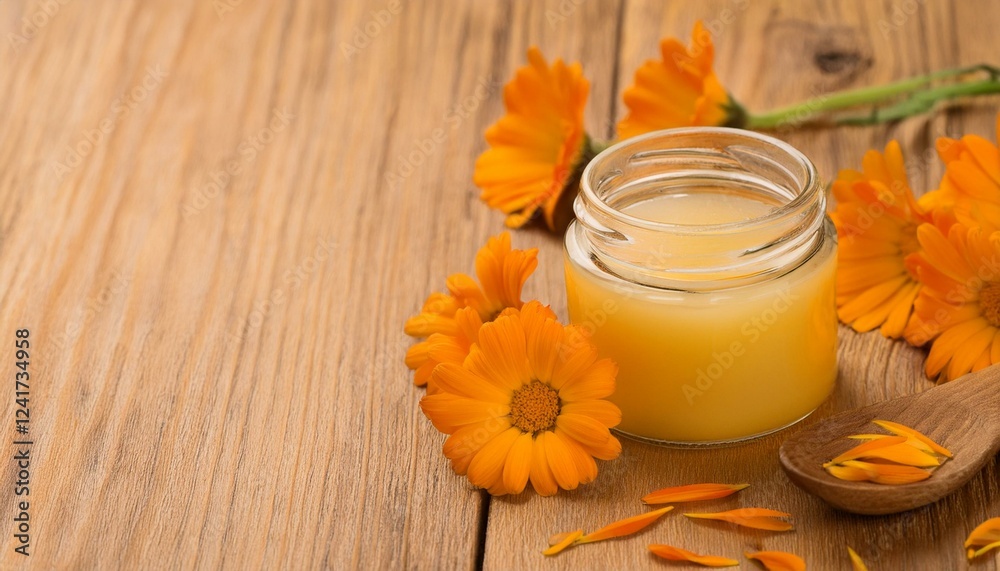 Golden calendula infused honey in a jar. Golden calendula infused honey in a jar.
