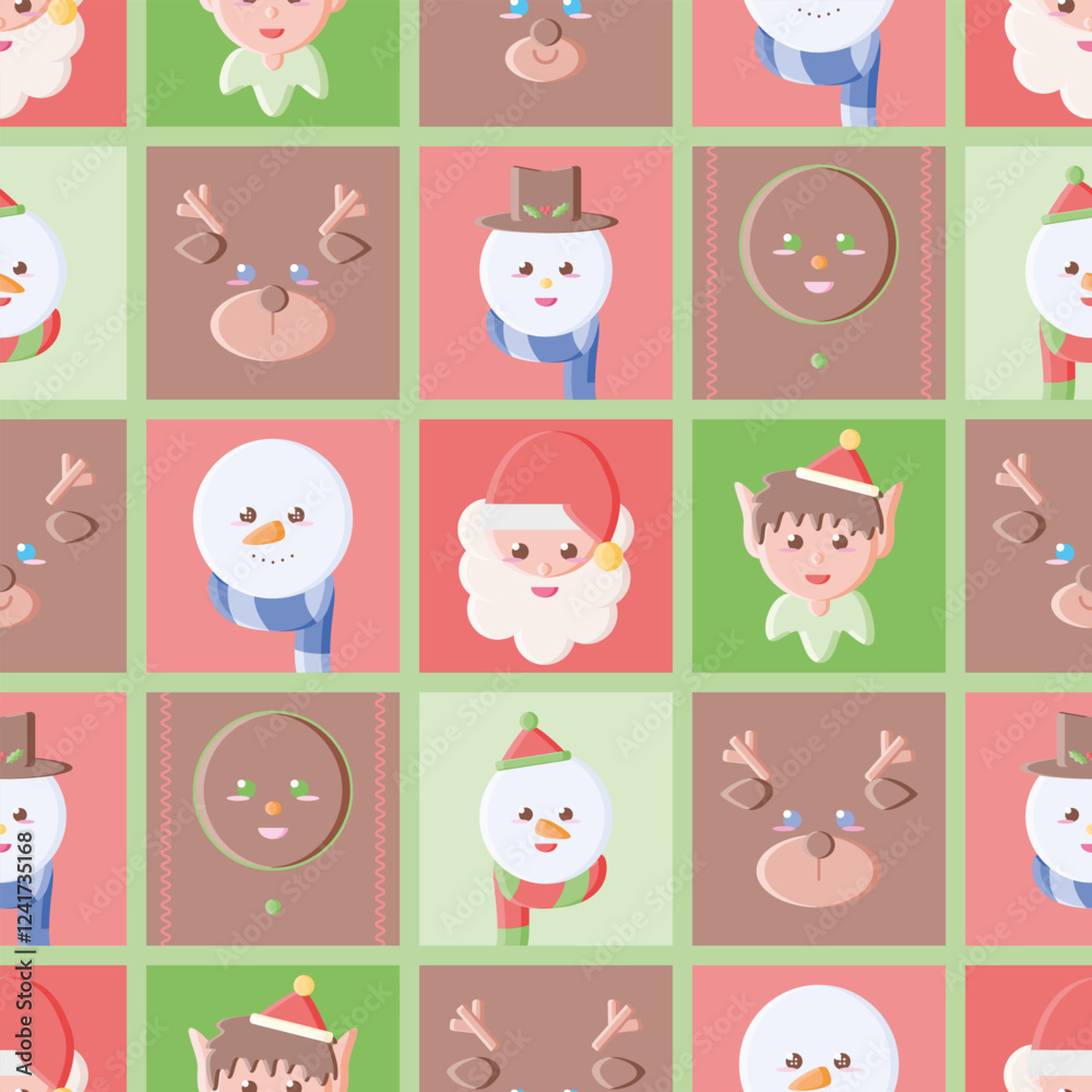 Obraz premium Cute Christmas characters vector repeat pattern featuring Santa Claus, Gingerbread men, elves, reindeers and snowmen. 