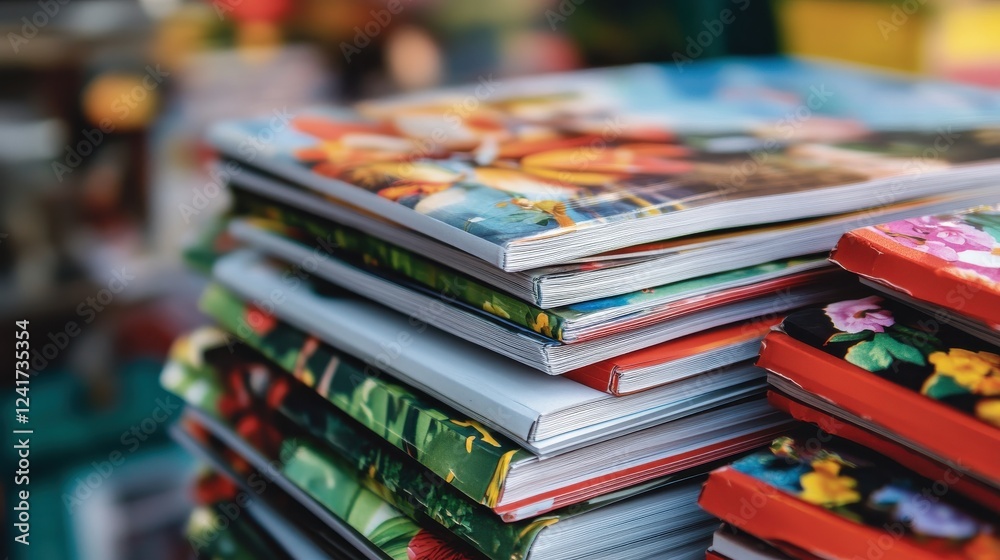 Stacked Colorful Magazines on Display at a Busy Market Stacked Colorful Magazines on Display at a Busy Market