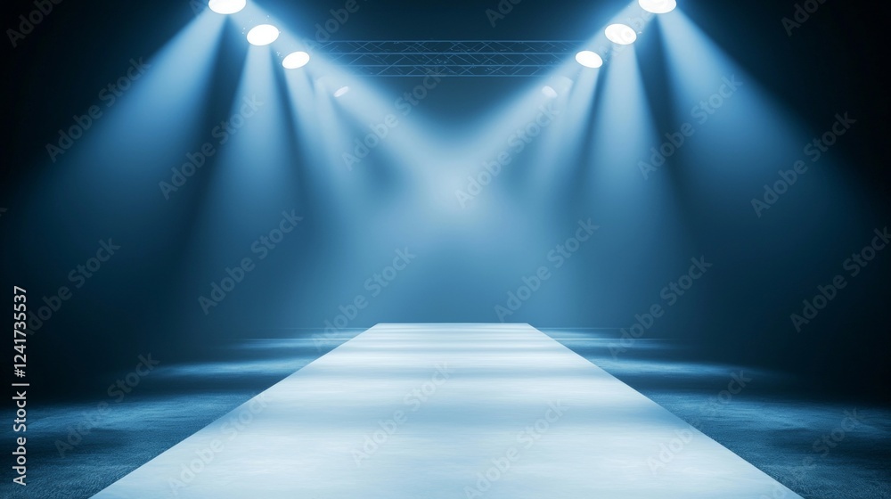 Fototapeta premium Dramatic Runway Stage Lit by Spotlights Fashion Show Empty Catwalk Blue Lighting Presentation