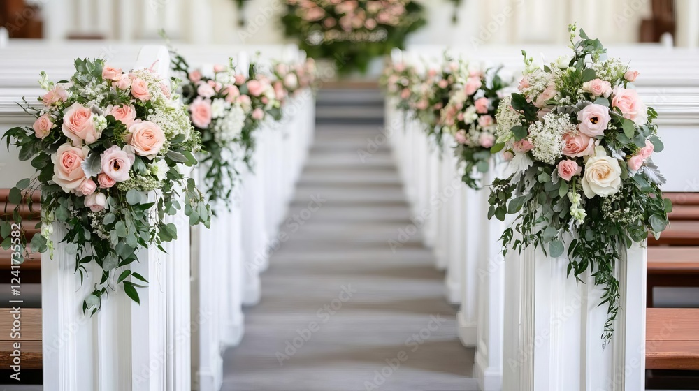 Fototapeta premium Traditional wedding setup with pews decorated with floral arrangements