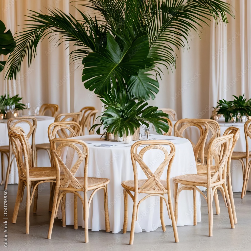 Fototapeta premium Tropical wedding reception with palm fronds and bamboo furniture