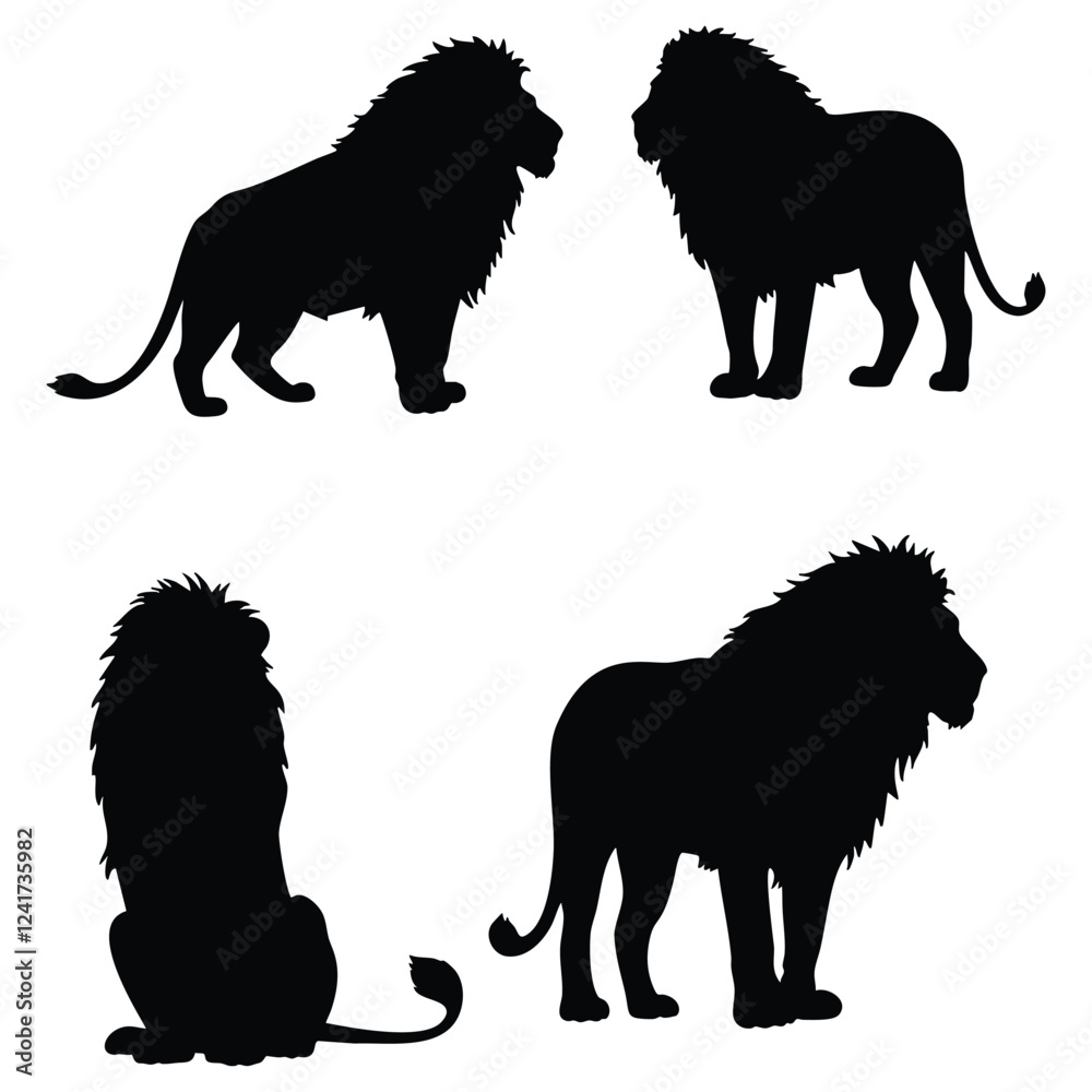 Naklejka premium four distinct black silhouette representations of lions in various poses (standing and seated)