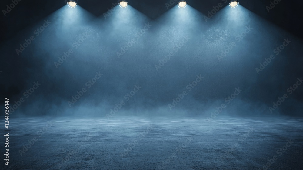 Obraz premium Dramatic Studio Background Dark Blue Foggy Room with Spotlights Concrete Floor Cinematic Lighting