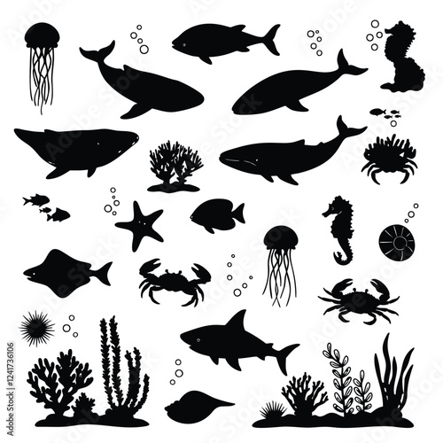 a collection of black silhouette illustrations representing various marine animals and underwater plants