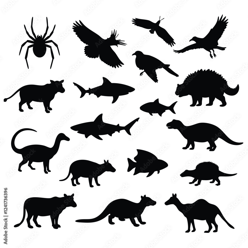 a collection of black silhouette shapes representing diverse animals and birds a collection of black silhouette shapes representing diverse animals and birds