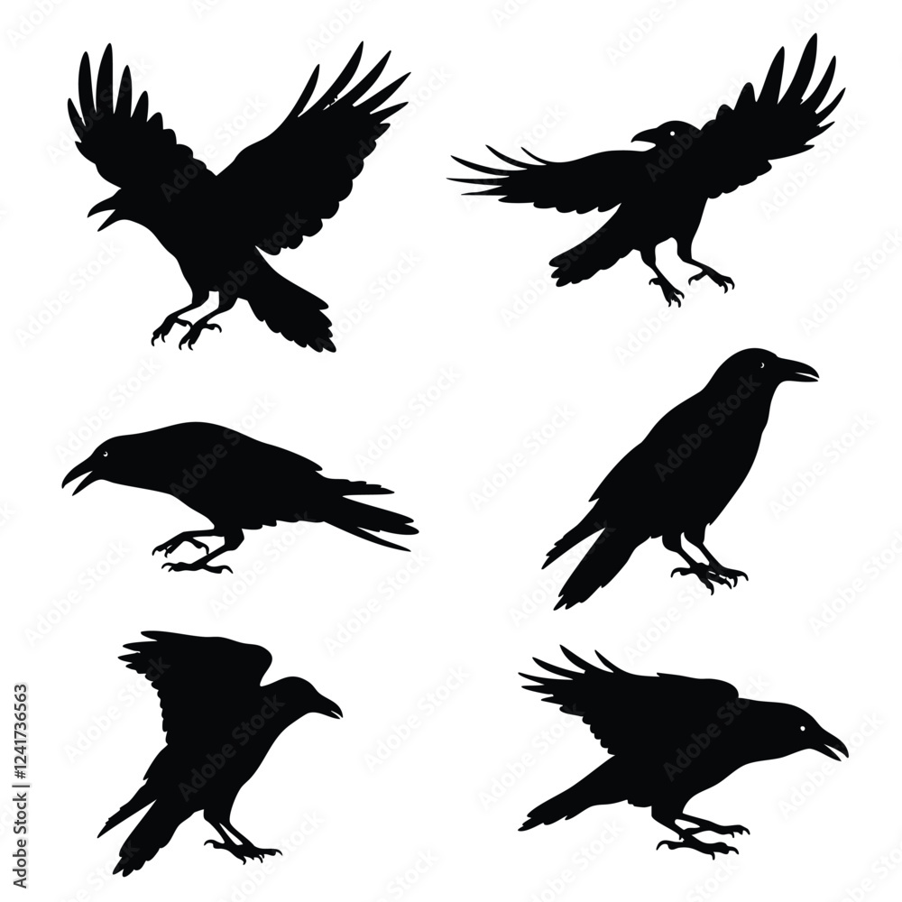 A collection of simple, black silhouettes of crows in various poses A collection of simple, black silhouettes of crows in various poses