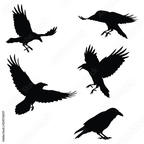 five black raven silhouettes, showcasing dynamic poses in flight and landing against a pure white background