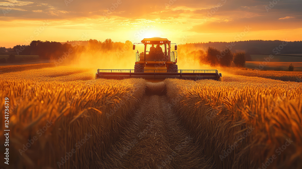 Fototapeta premium Farmer driving a combine harvester at sunset