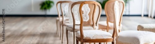 Vintage chic wedding setup with mismatched antique chairs and lace accents
