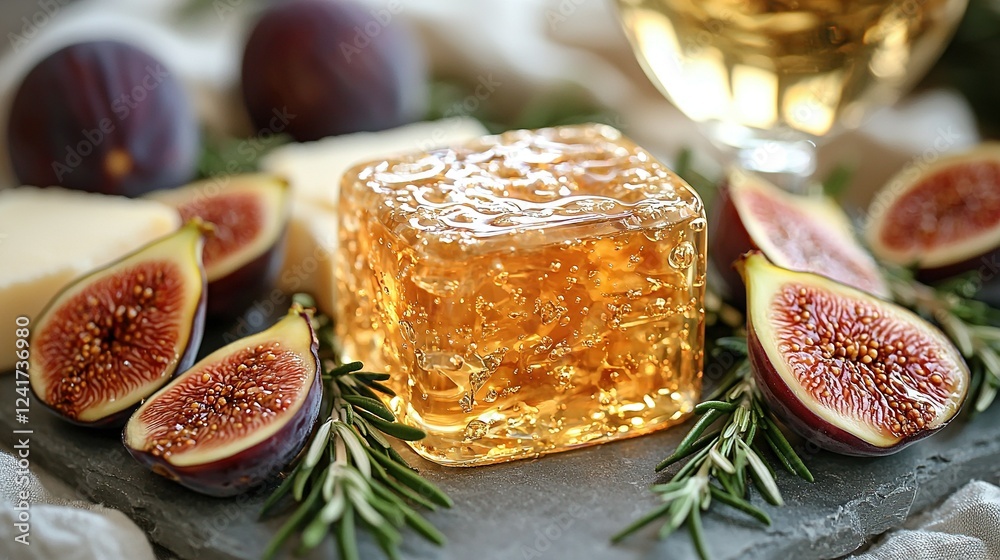 A close-up of an ice block with figs and a glass of wine on a table A close-up of an ice block with figs and a glass of wine on a table