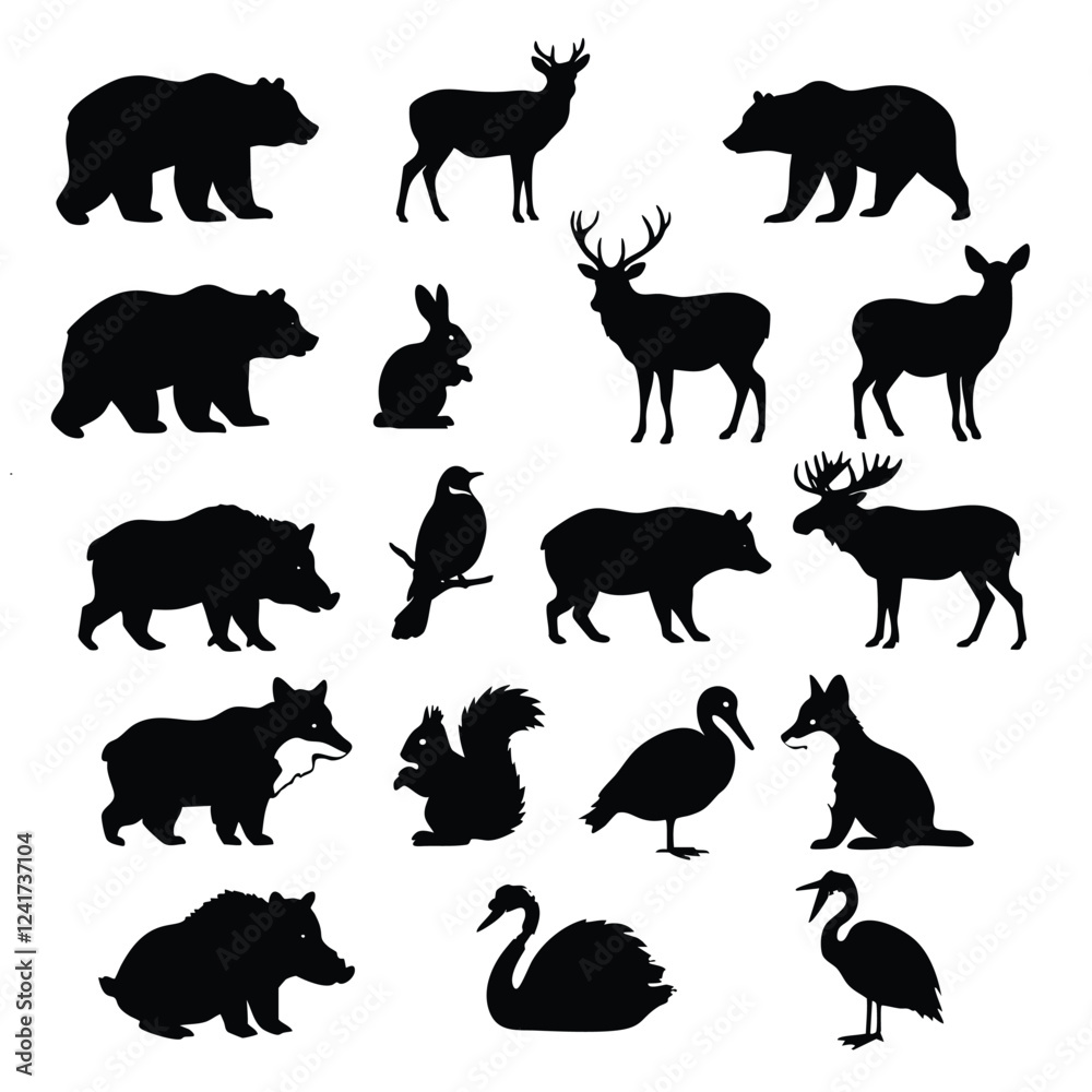 Fototapeta premium a collection of black silhouettes of various wild animals and birds, including bears, deer, rabbits, pigs, birds, moose, foxes, squirrels, swans, and herons