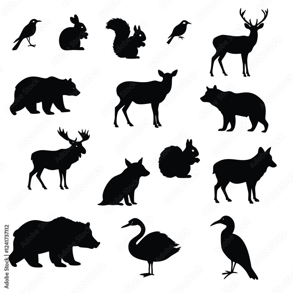 Obraz premium A collection of black silhouettes of various wild animals and birds, against a white background