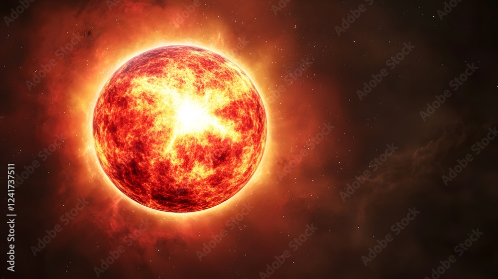 Fototapeta premium Fiery, incandescent star explodes with intense energy against a dark, star-filled cosmic background. A breathtaking display of celestial power and fiery brilliance.