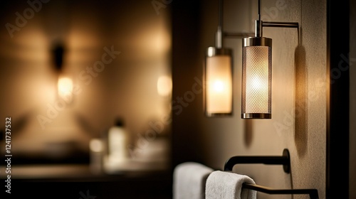   A close-up photo of a lamp on a wall with a towel hanging from a rack, and a reflective mirror visible behind it
