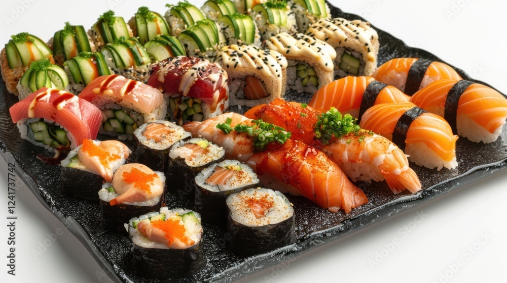Detailed close-up of sushi varieties like dragon rolls, spicy tuna, and cucumber maki on a glossy black plate, set against a bright white background Detailed close-up of sushi varieties like dragon rolls, spicy tuna, and cucumber maki on a glossy black plate, set against a bright white background