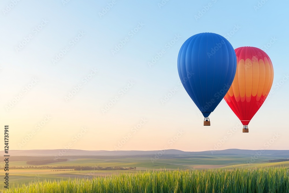 Obraz premium Hot Air Balloons Over Green Field - Two hot air balloons, one blue and one red and orange, float over a tranquil green field at sunrise.