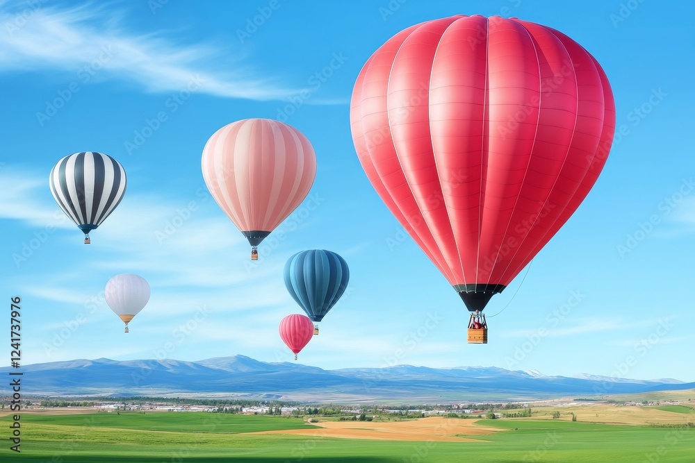 Obraz premium Hot Air Balloons Over Green Fields - Colorful hot air balloons float gracefully over a picturesque landscape of rolling green hills under a bright blue sky.